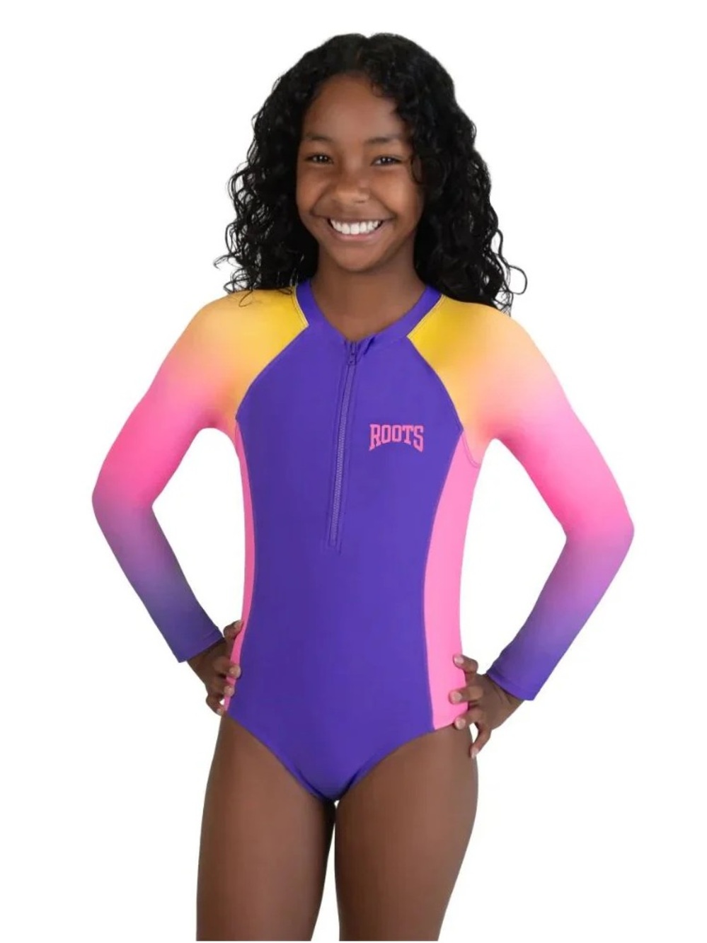 Roots Girls Long Sleeve Rashguard Swimsuit Pink Purple Sunset Gradient Size 6